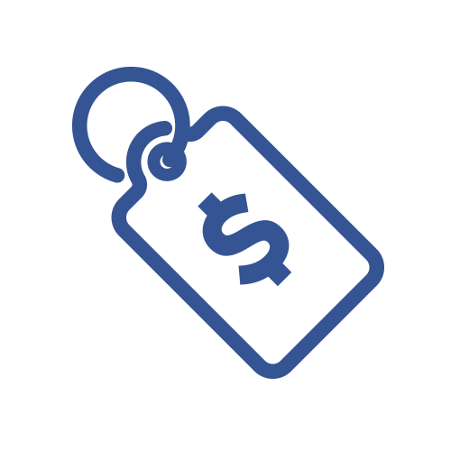 Illustration of a price tag with a dollar sign on it, attached to a ring. the tag is blue and outlined in a lighter shade, depicted in a simple, flat style