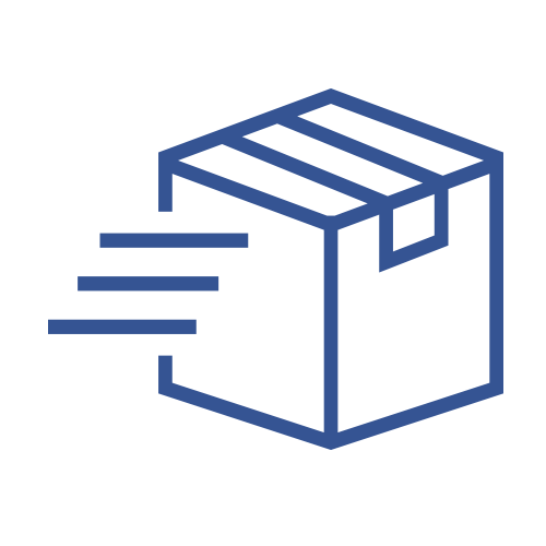 A graphic icon of a shipping box with motion lines indicating movement, depicted in a simple blue outline on a white background