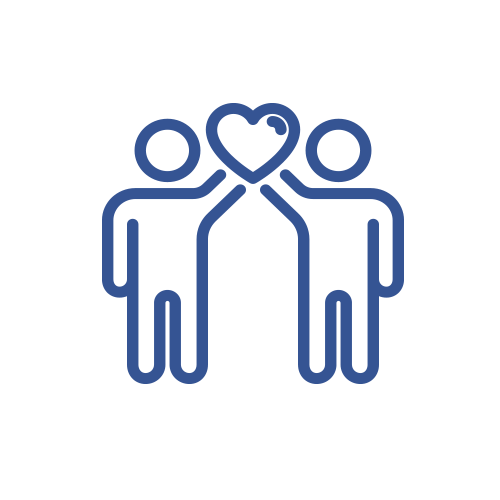 Two stylized figures with a heart above their heads, symbolizing friendship or love, depicted in a minimalistic blue line drawing