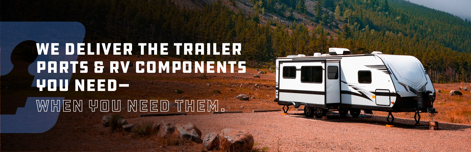White RV parked on a gravel road by a forest with mountains in the background, overlay text promoting RV parts delivery