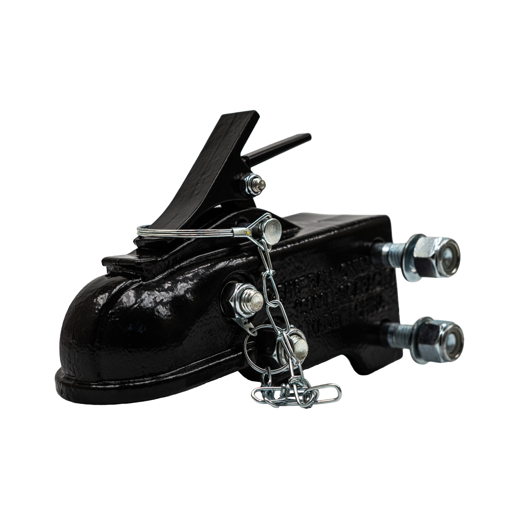 Adjustable cast trailer coupler with latch and safety chain detail