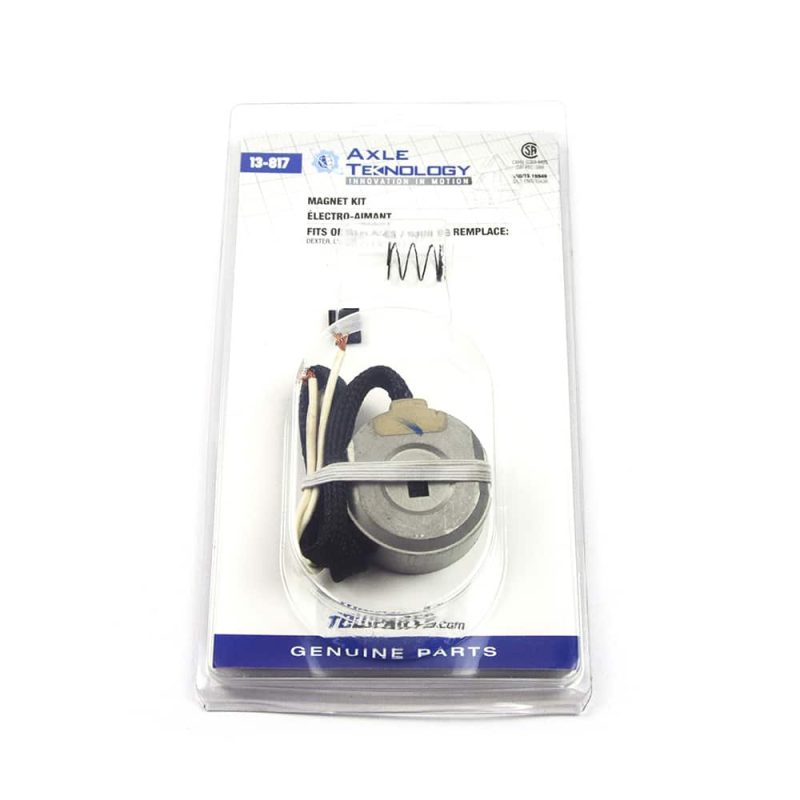 A close-up of a round, 7-inch electric trailer brake magnet with an included clip and spring, designed for 2,000-lb axles.