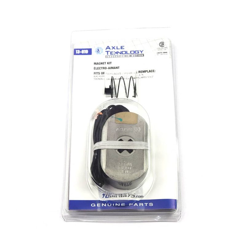 Close-up of a 5200 lb to 7000 lb replacement magnet kit, including the magnet, clip, and spring, designed for 12-inch electric trailer brake assemblies